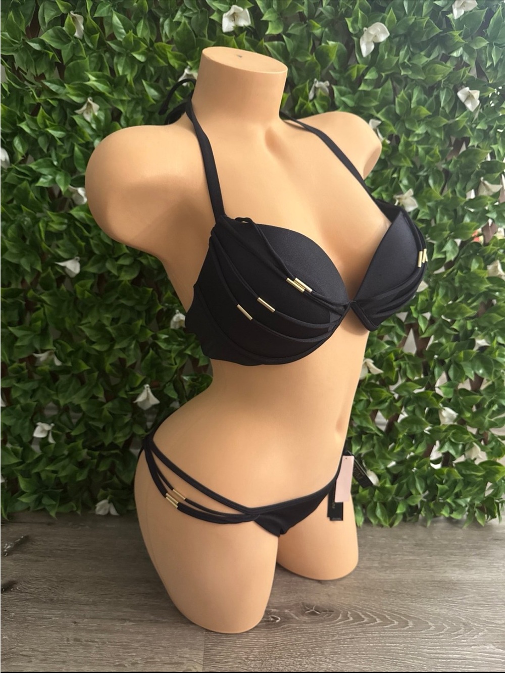 Victoria's Secret 34D Small Black Bikini with Gold Accents  NWT